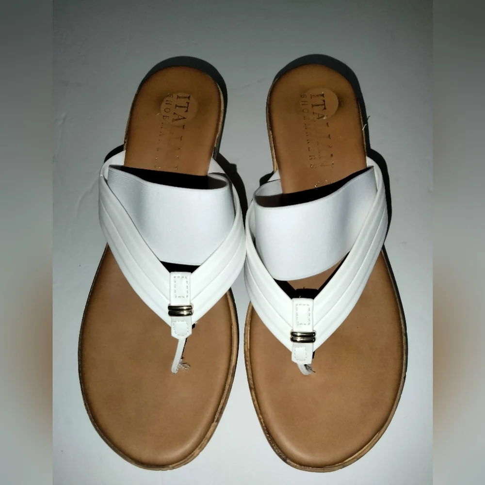 Italian Shoemakers (Size 9.5) White Stretch Strap Platform Wedge Thong Sandals